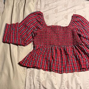 Old Navy Red Plaid Smocked Blouse